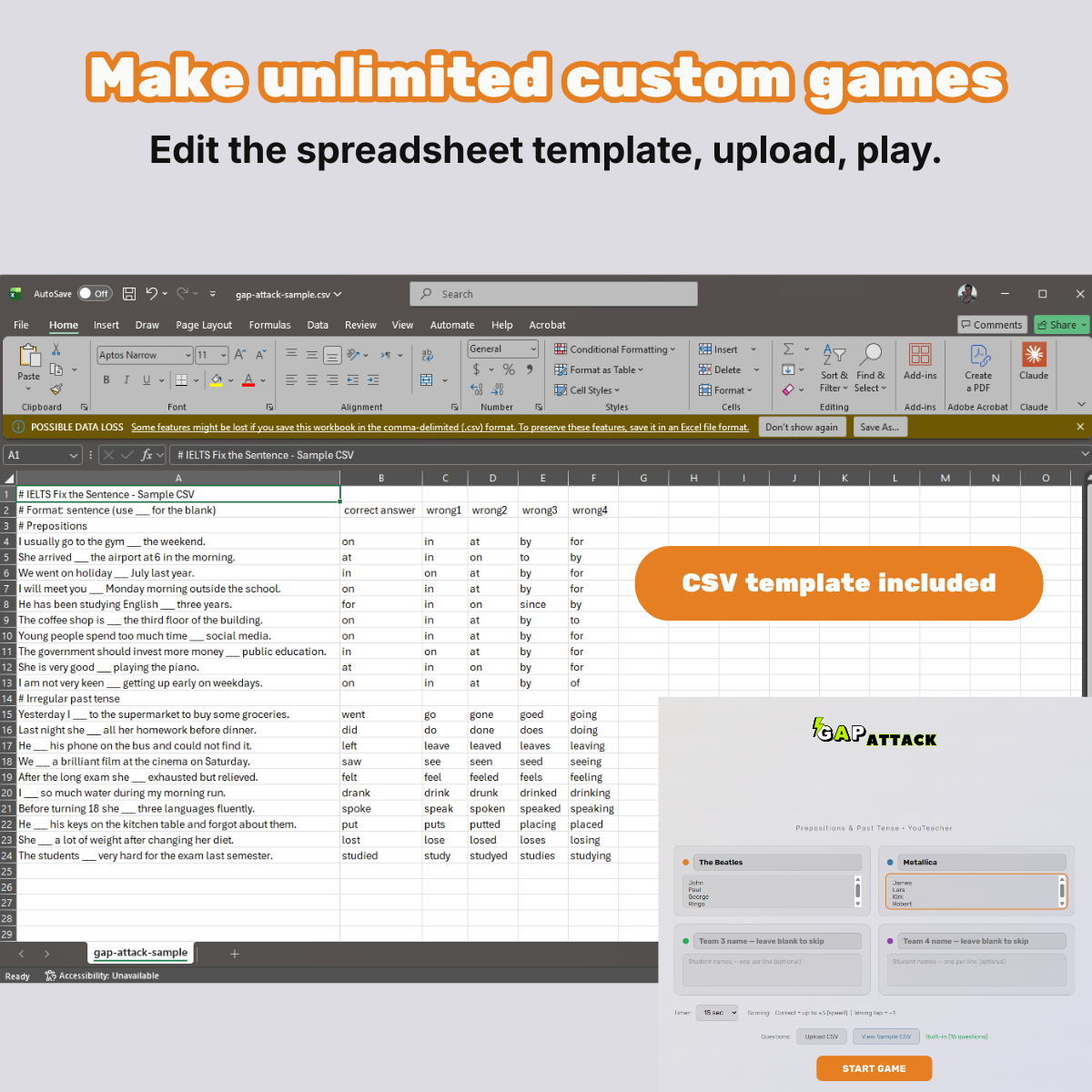 Gap Attack custom CSV template in Excel for teachers