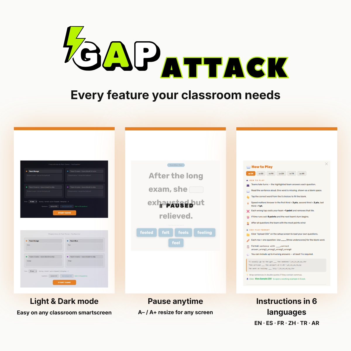 Gap Attack features including light dark mode and 6 languages