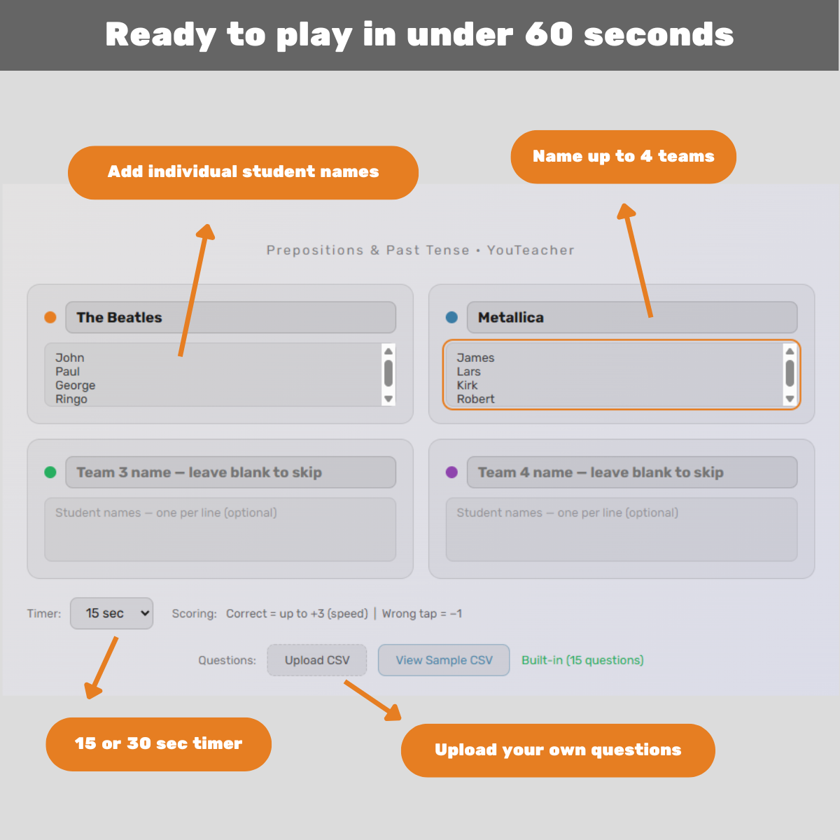 Gap Attack setup screen showing team names and CSV upload